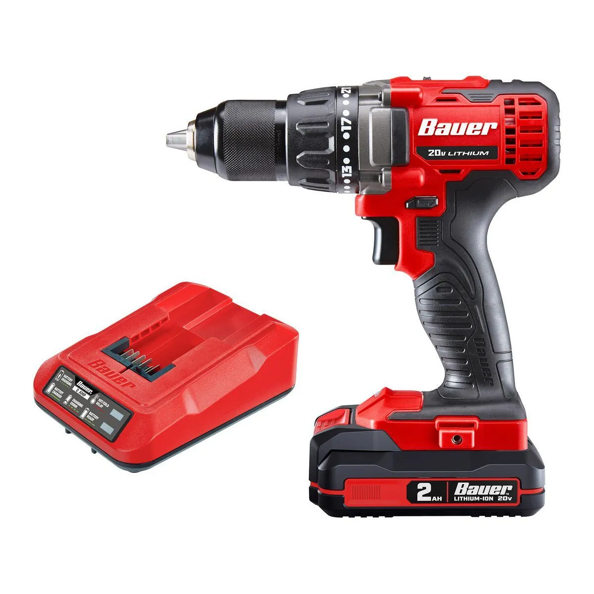 BAUER 20V Cordless 1/2-Inch Drill Driver Kit 2Ah Battery & Charger